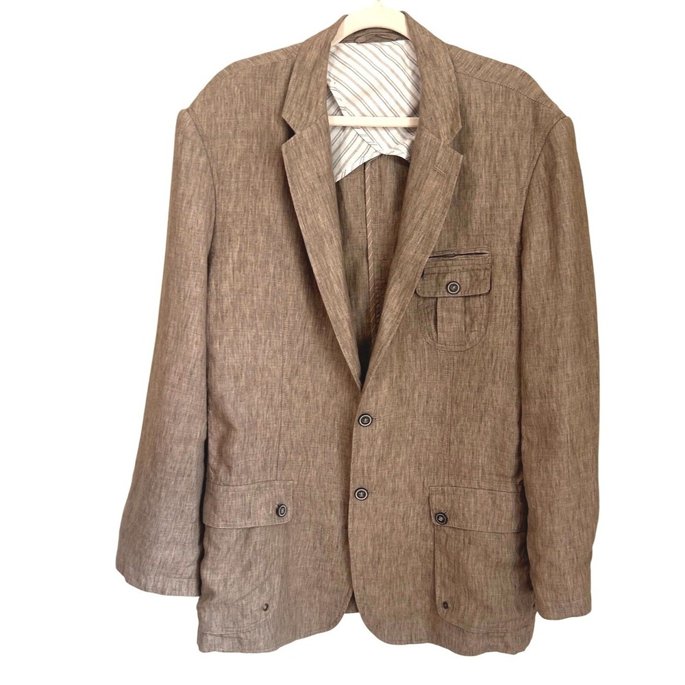 Joseph Abboud Mens XXL Brown Linen Utility Safari Blazer Sport Coat Jacket